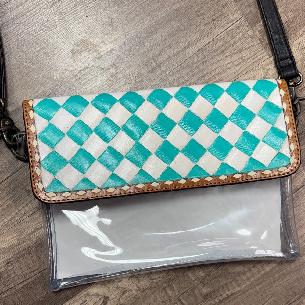 Stylish White and Teal Checkered Women's Bag